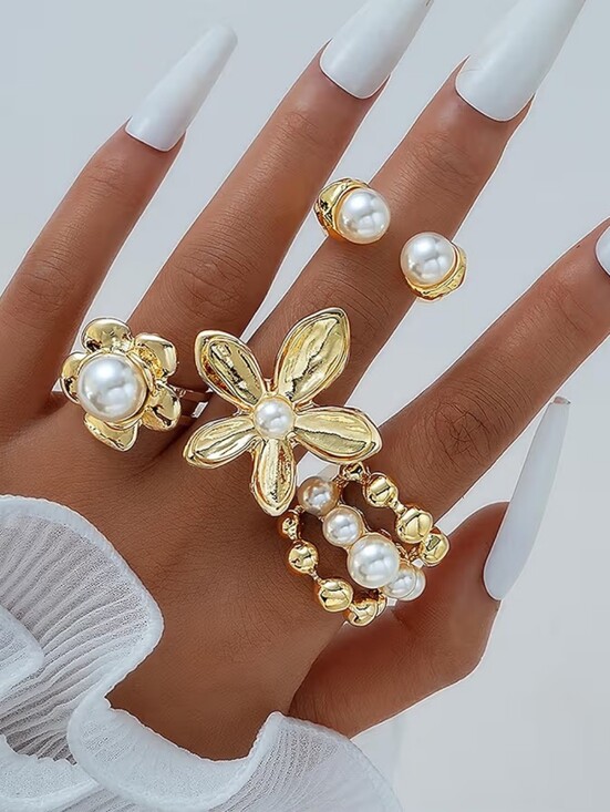 Jewelry - Chunky Gold Ring Set Boho Flower Baroque Pearl Rings Adjustable Stackable